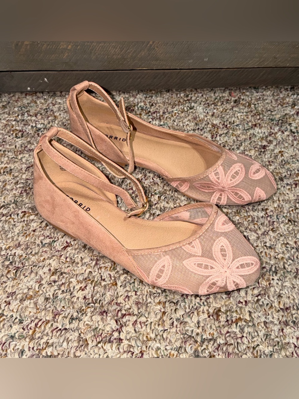 Women's size 9 wide flats Pink Floral Mesh Ankle-Strap Flats shoes